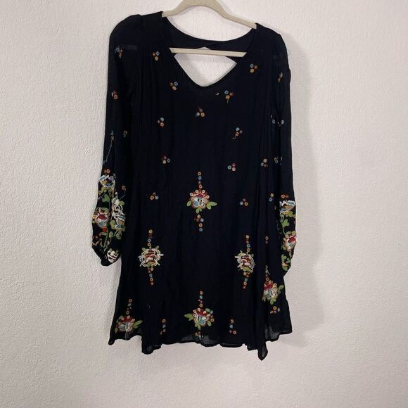 Free People Black with Blue, Orange, & Yellow Floral Embroidery Long Sleeve Dres - Picture 1 of 7